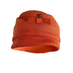 Vintage 60s Orange Textured Cloche Hat with Bow and Rhinestone Womens Large